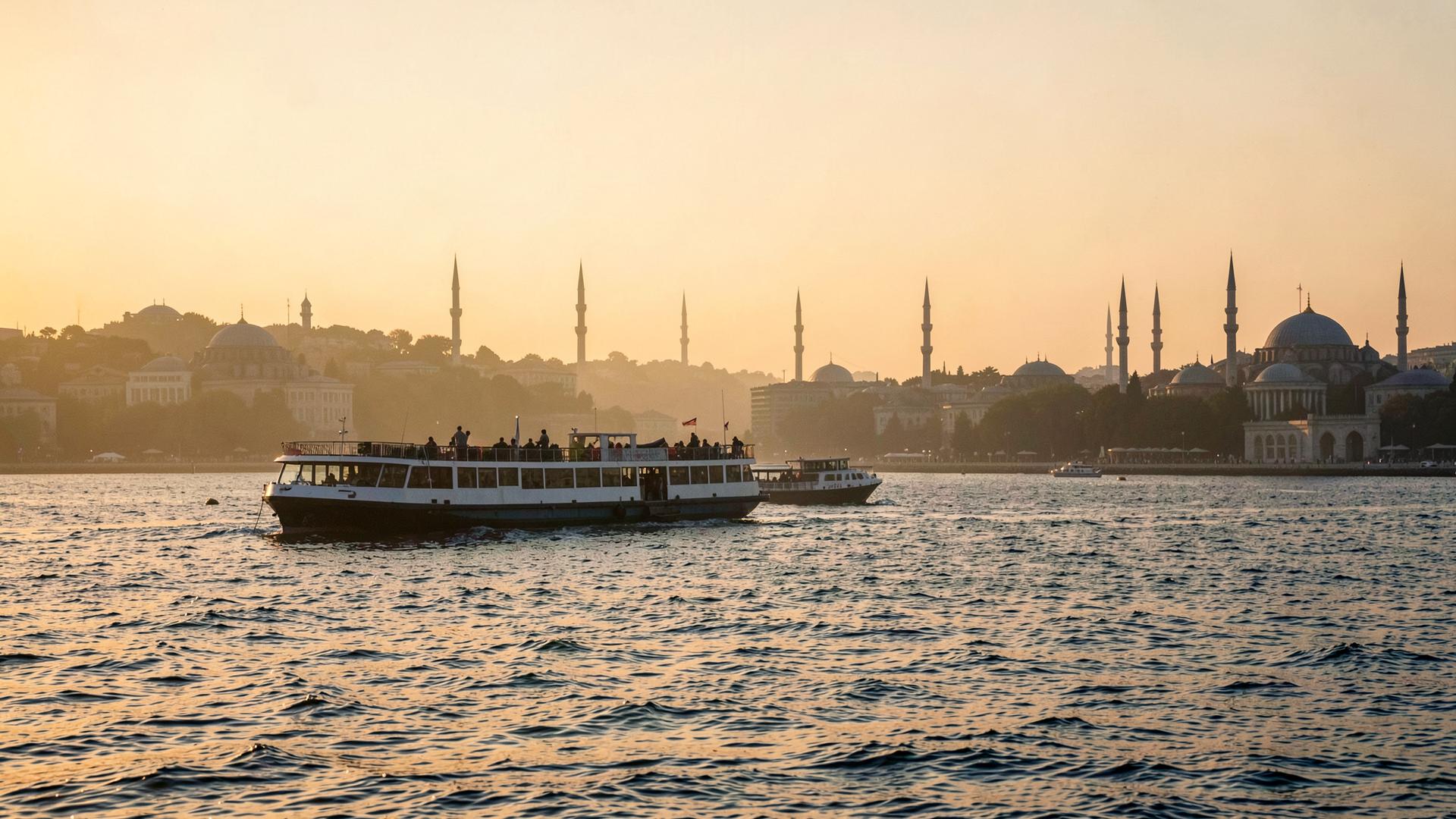 Golden hour over the Bosphorus with ferries and the Istanbul skyline