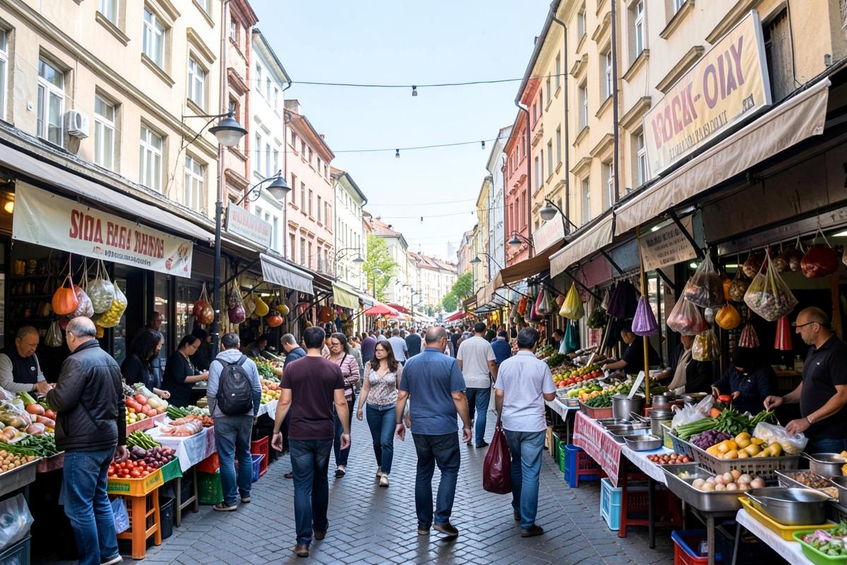 Busy market street with produce stalls in Kadıköy, Istanbul