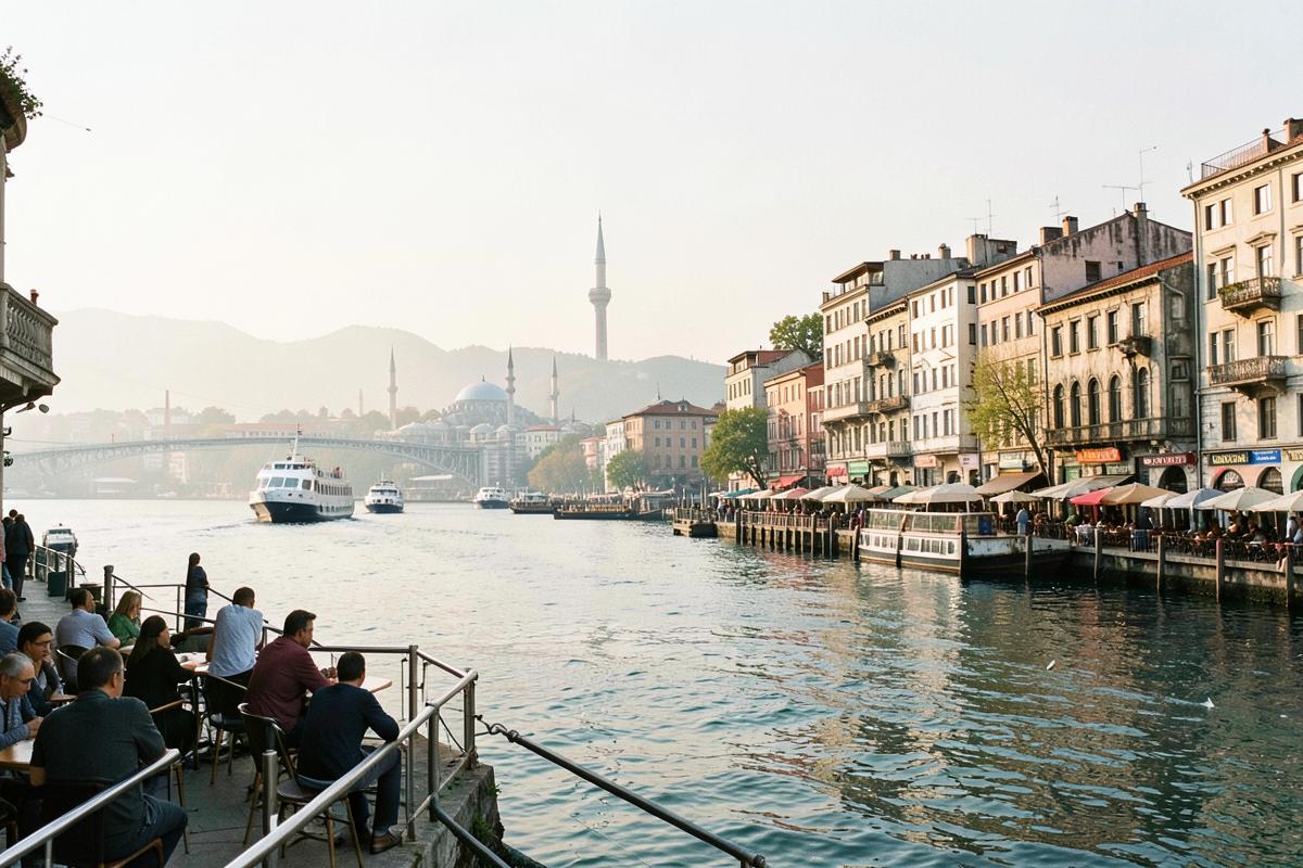 Karaköy waterfront in Istanbul with cafés and ferries