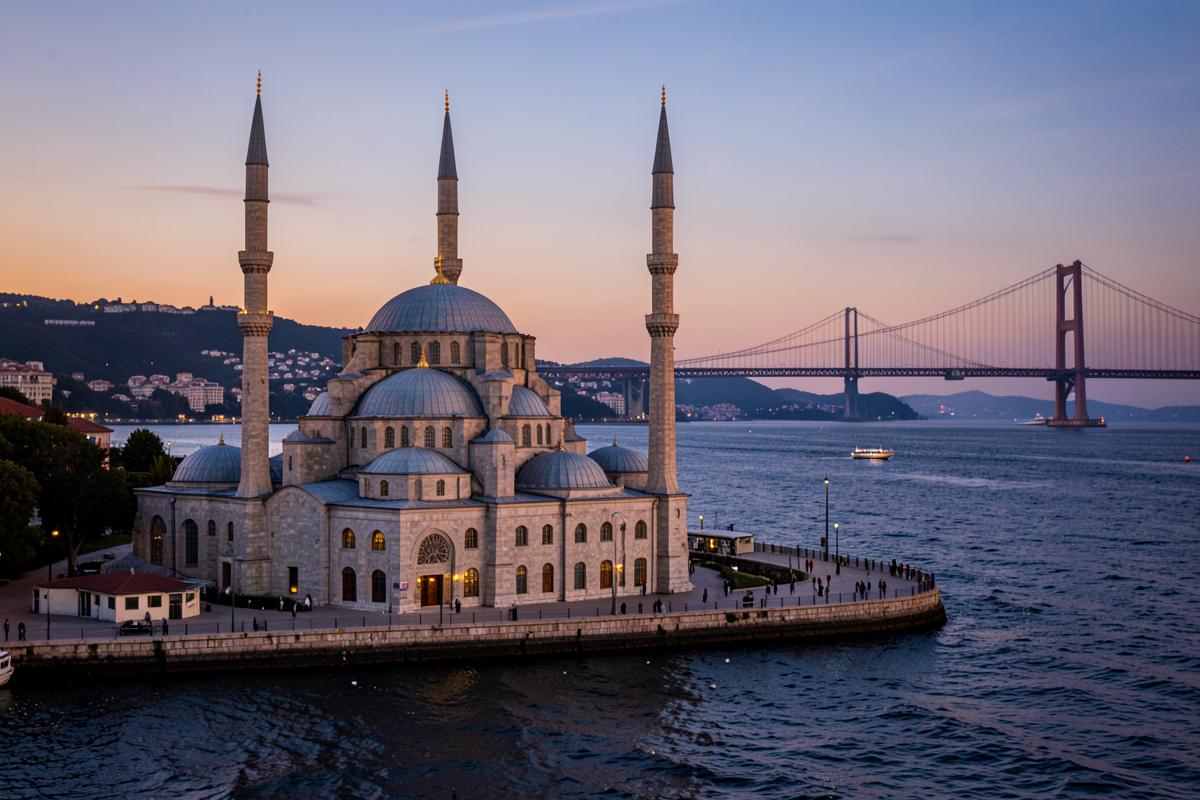 Ortaköy Mosque on the Bosphorus waterfront at dusk