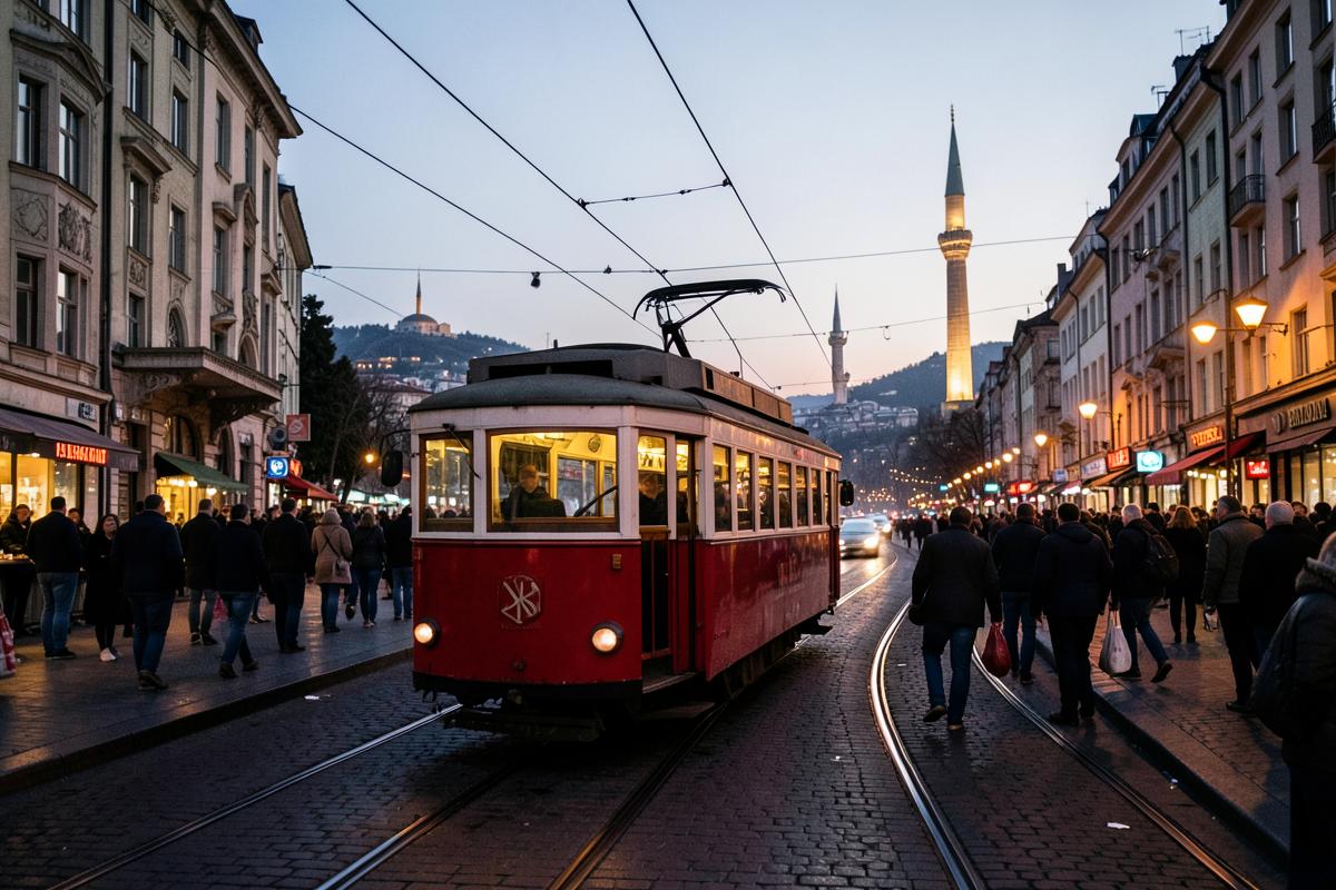 Nostalgic red tram on İstiklal Street in Taksim, Istanbul