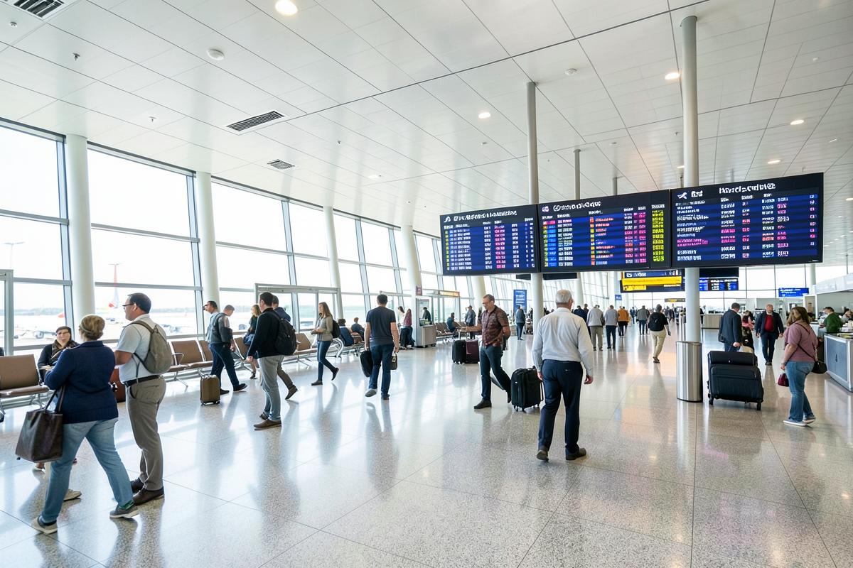 Travellers walking through a bright modern airport terminal
