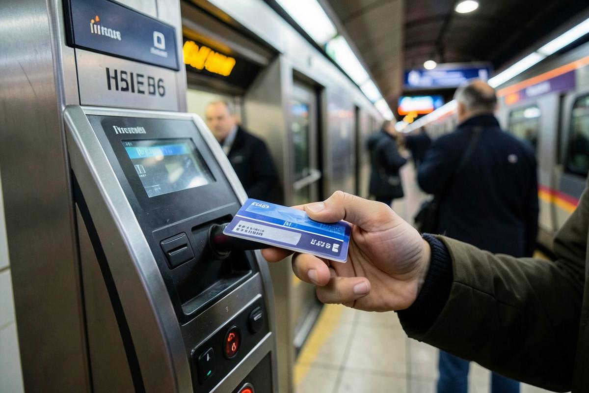 Hand tapping a transit card on a metro turnstile reader