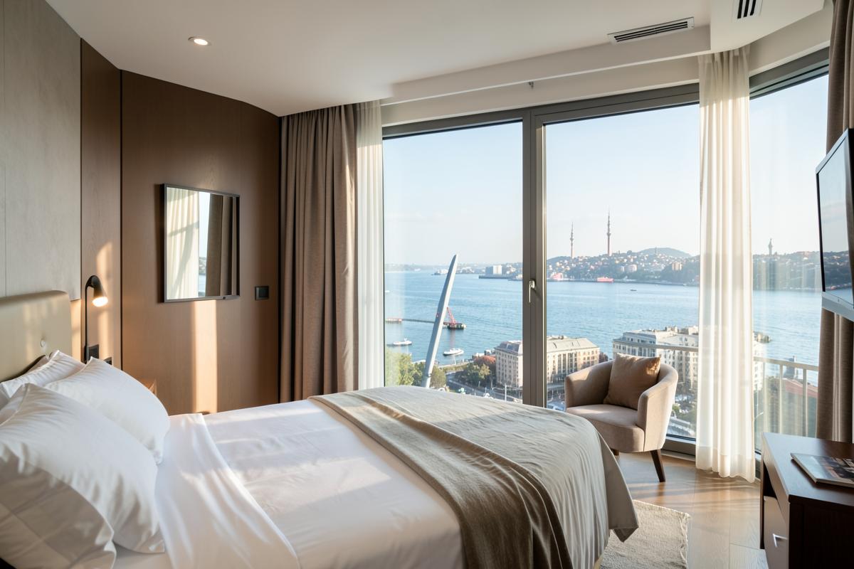 Hotel room in Istanbul with a Bosphorus view through large windows