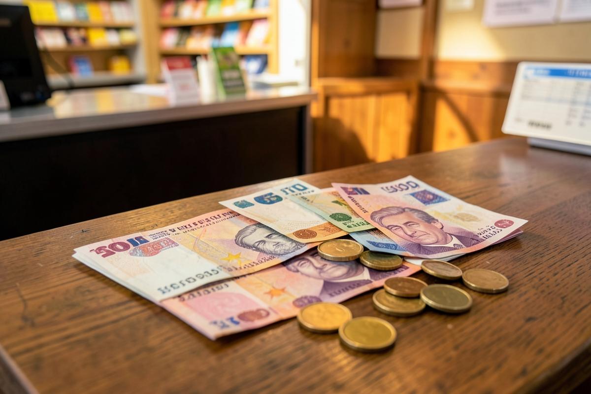 Turkish lira banknotes and coins on a wooden counter