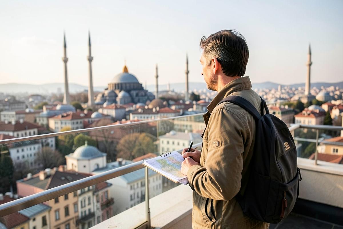 Traveller looking out over the Istanbul skyline while planning a trip