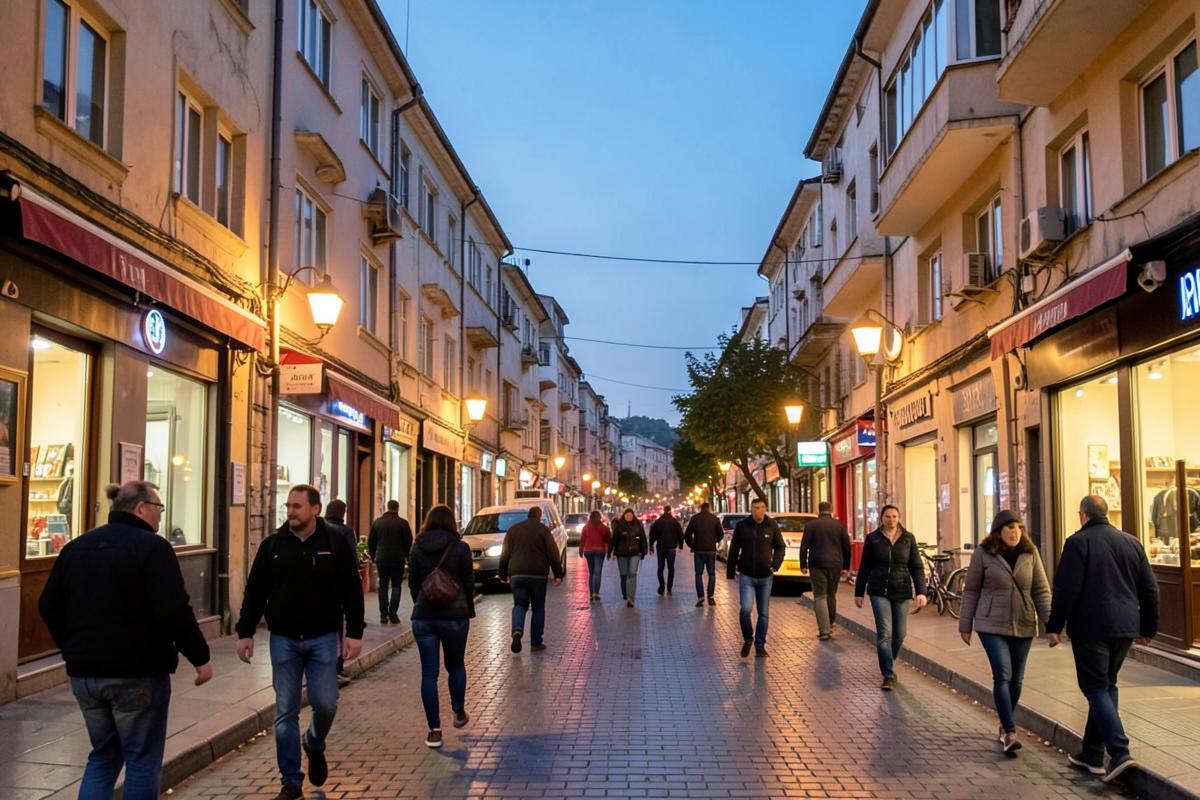 People walking along a calm, well-lit Istanbul street in the evening