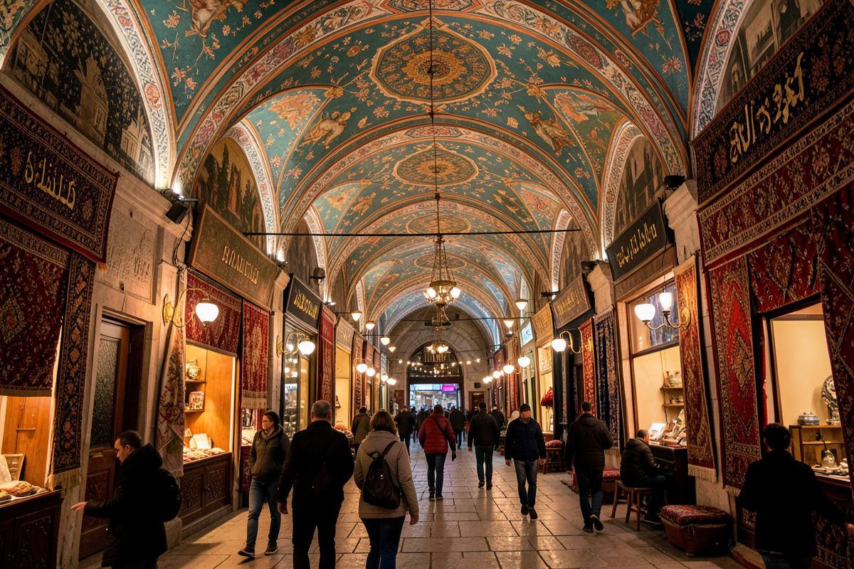 Interior of the Grand Bazaar in Istanbul with shops and lamps