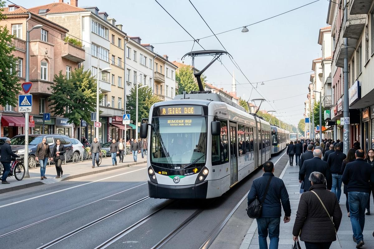 Modern tram travelling along a busy street in Istanbul