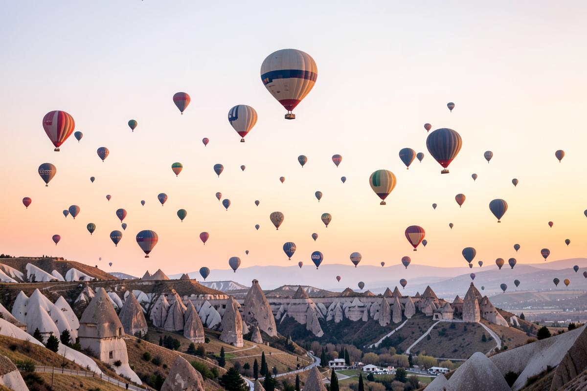 Hot air balloons rising over the Cappadocia valleys at sunrise