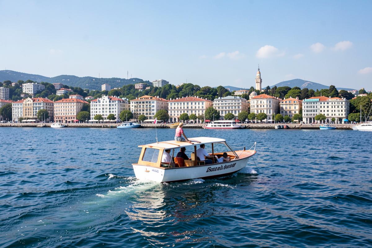 Small tour boat cruising the Bosphorus past waterfront buildings