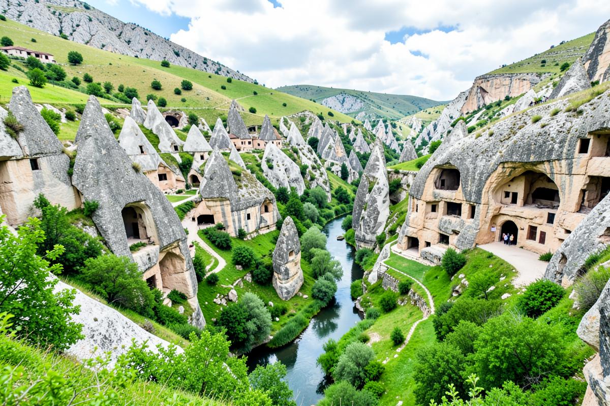 Green valley with cave dwellings and a river in Cappadocia
