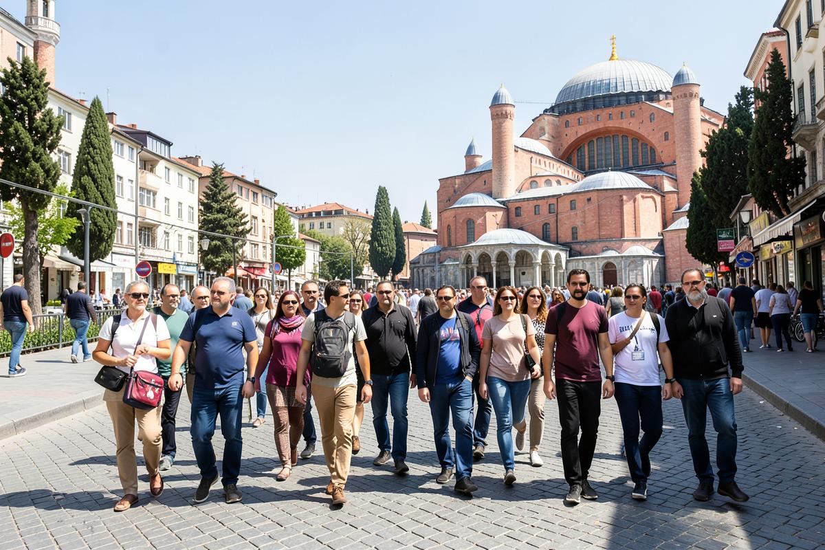 Guided walking tour group near Hagia Sophia in Istanbul