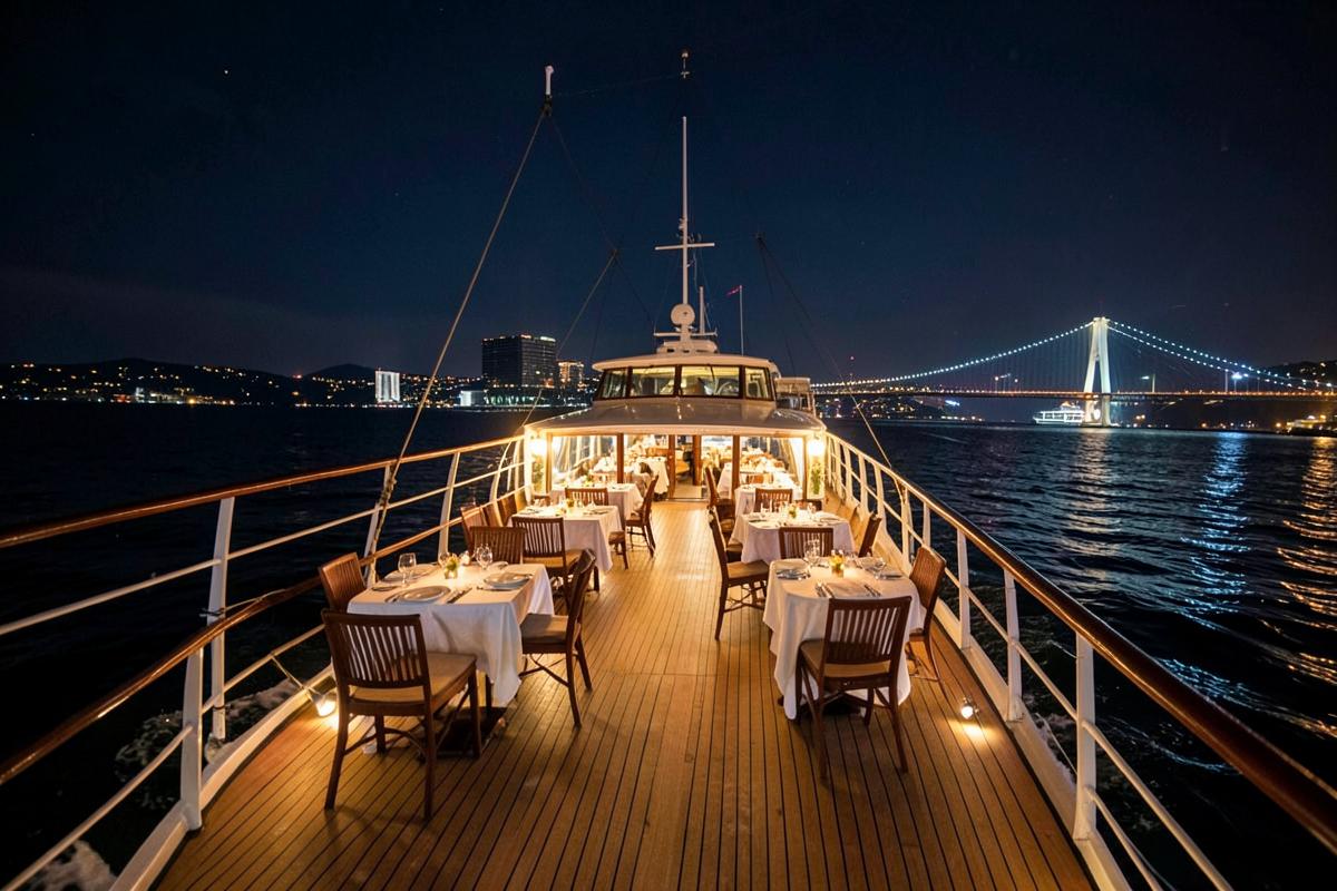 Dinner tables set on the deck of a Bosphorus cruise boat at night