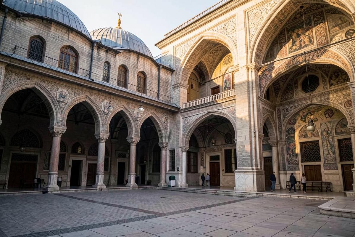 Ottoman courtyard with arches and tilework in Istanbul