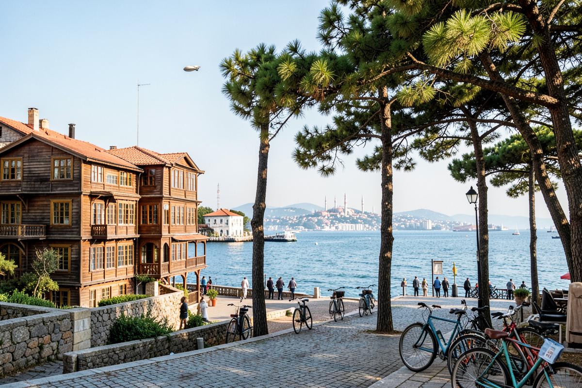 Wooden mansion and pine trees by the sea on the Princes' Islands