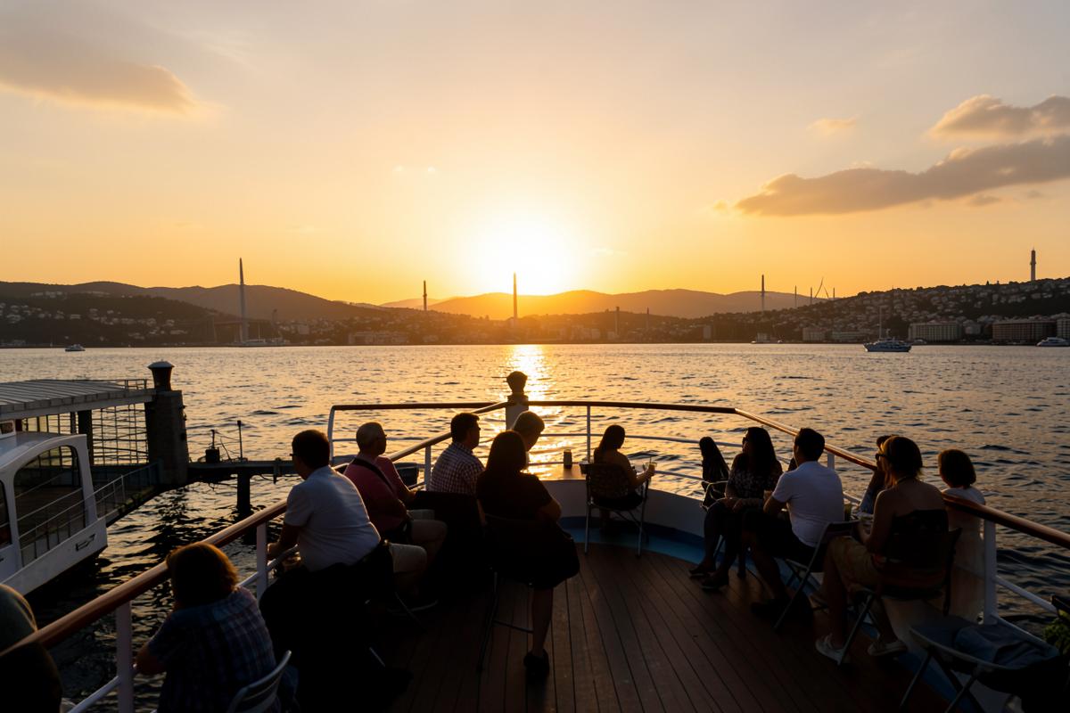 Passengers watching the sunset from the deck of a Bosphorus cruise