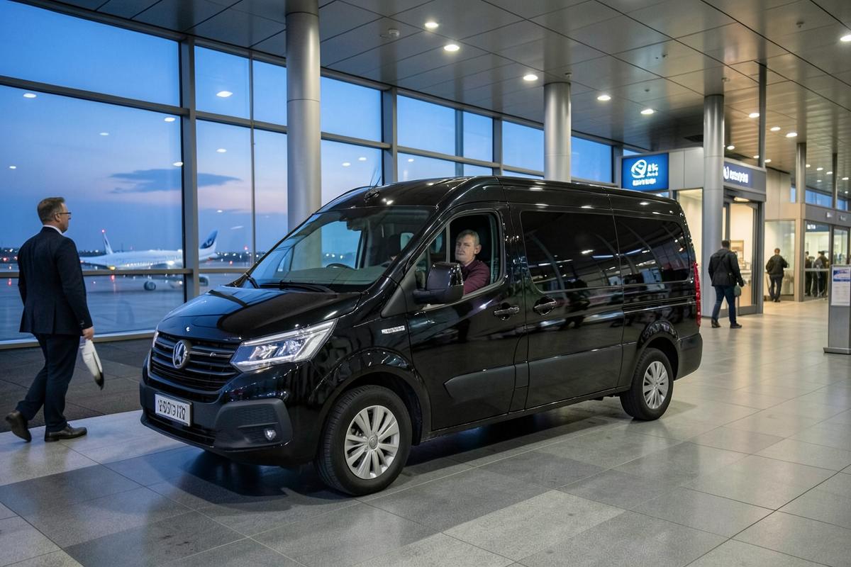 Private black transfer van waiting outside an airport terminal