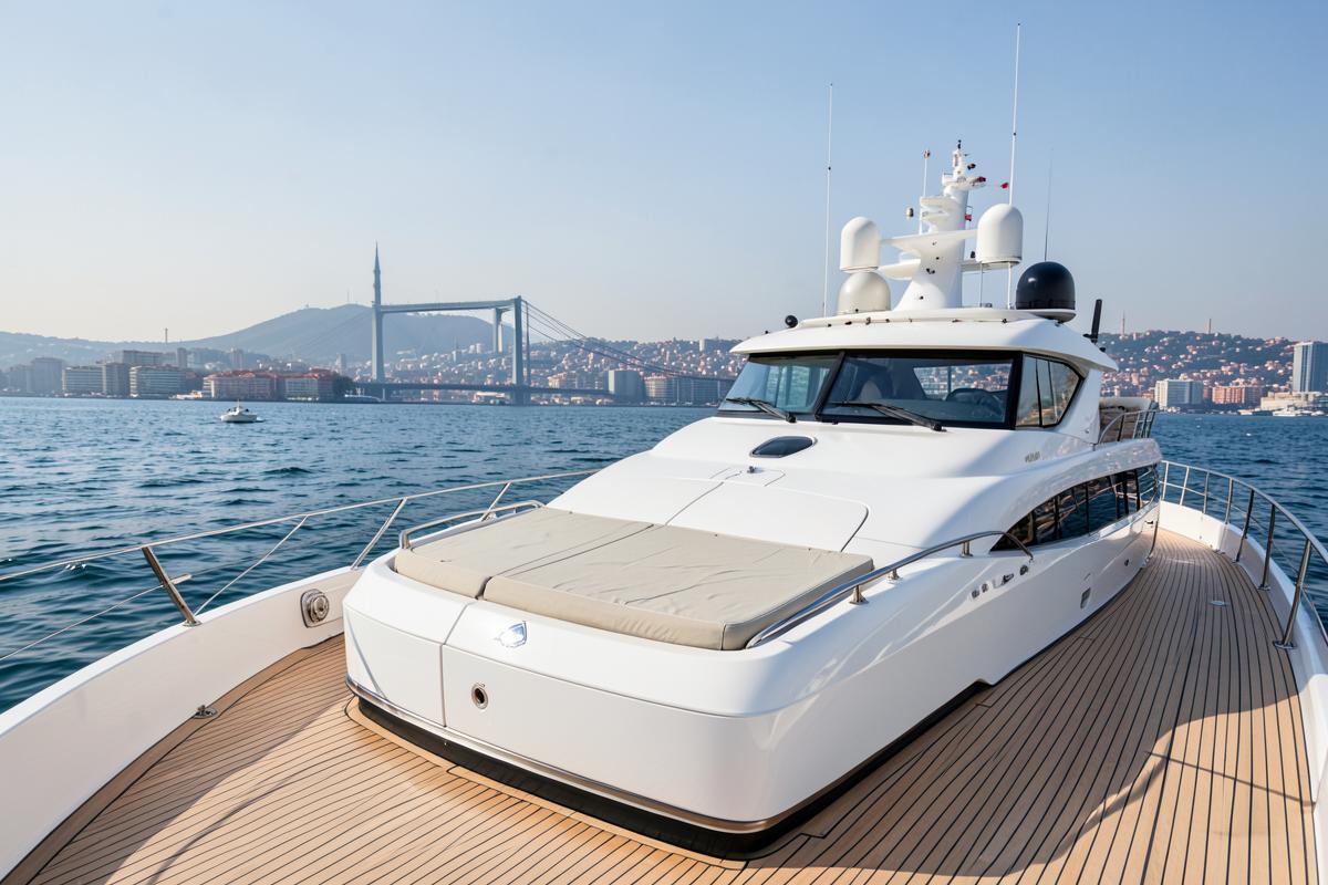 Private white yacht with a teak deck on the Bosphorus
